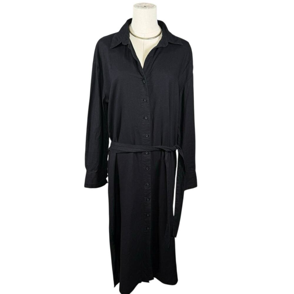 Banana Republic Linen Belted Shirt Dress Black Button Front Midi Long Sleeve M